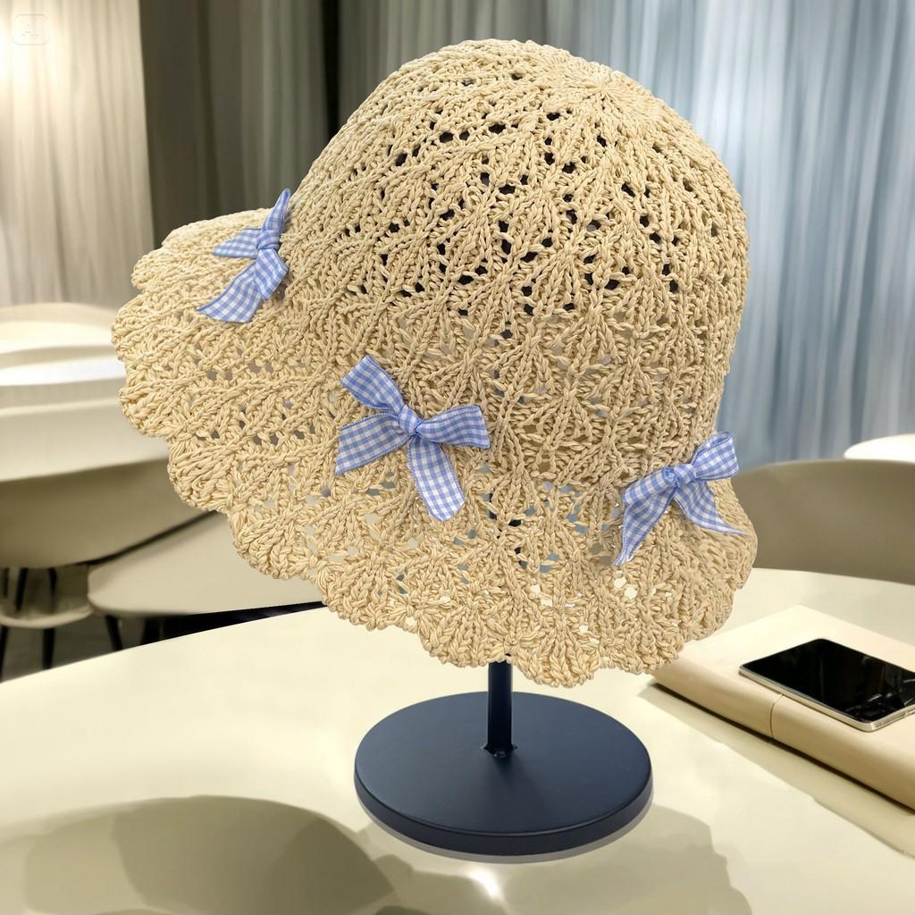 

Summer Straw Hat With Checkered Bow Decoration For Sun Protection And Beach Wear світло-бежевого кольору