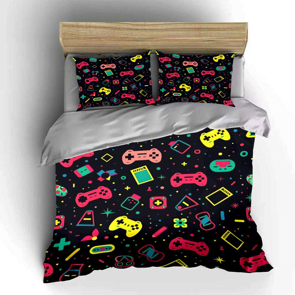 Colorful Gaming Icons Pattern Design Exquisite Three-Piece Bedding Set Gift For Kids And Adults