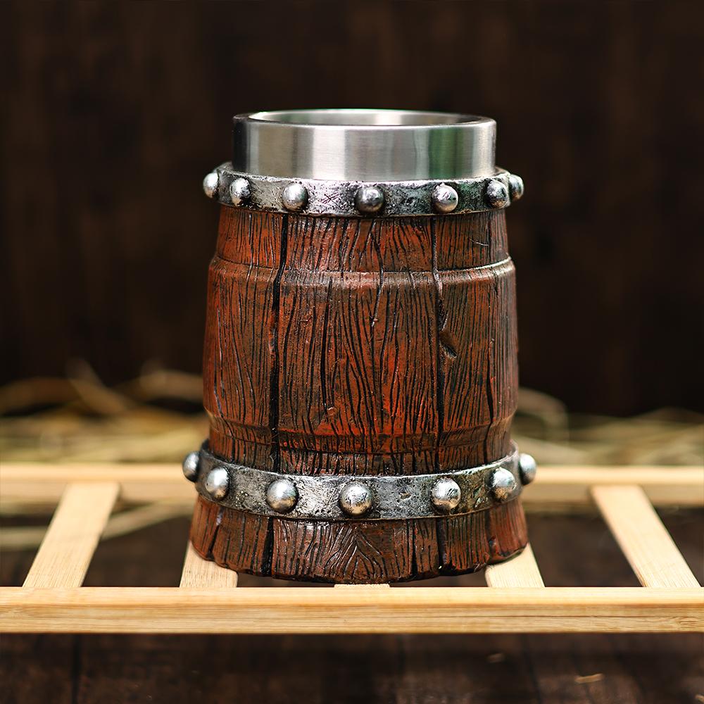 Handmade Wooden Barrel Beer Mug Viking Wood Style Beer Mug Simulation 600ml Beer Mug Double Wall Stainless Steel Resin Beer Cup