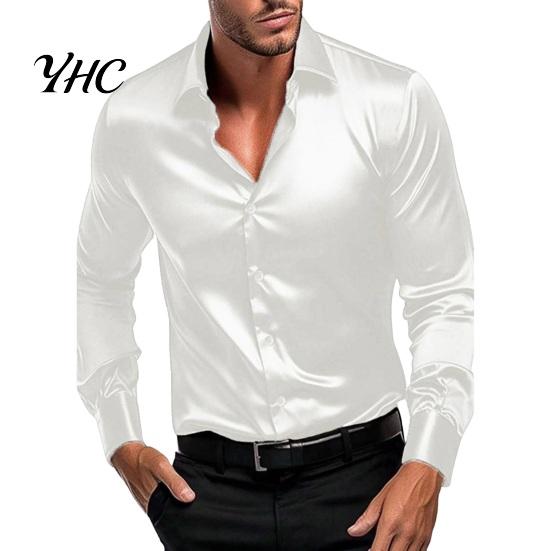 Men Solid Color Shirt Fall Spring Button-down Turn-down Collar Cardigan Long Sleeves Satin Slim Fit Sleeve Mid Length Casual Daily Wear Office