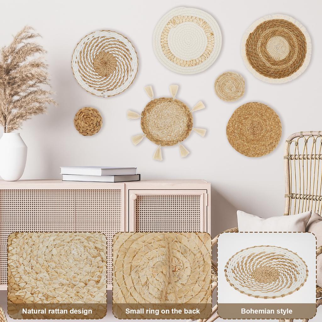 7pcs Woven Wall Basket Decor Bohemian Rattan Wicker Wall Decorative Woven Rattan Wall Basket Hanging Handmade Farmhouse Wall Han