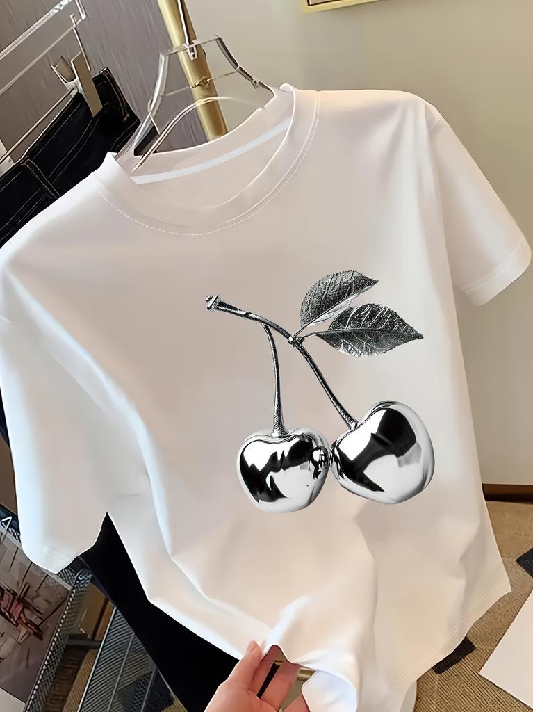 Golden Cherry Print Women Short Sleeve T-Shirt Casual Tee a Sense of Elegance Fashion Harajuku Kawaii T-shirt Y2K Clothing
