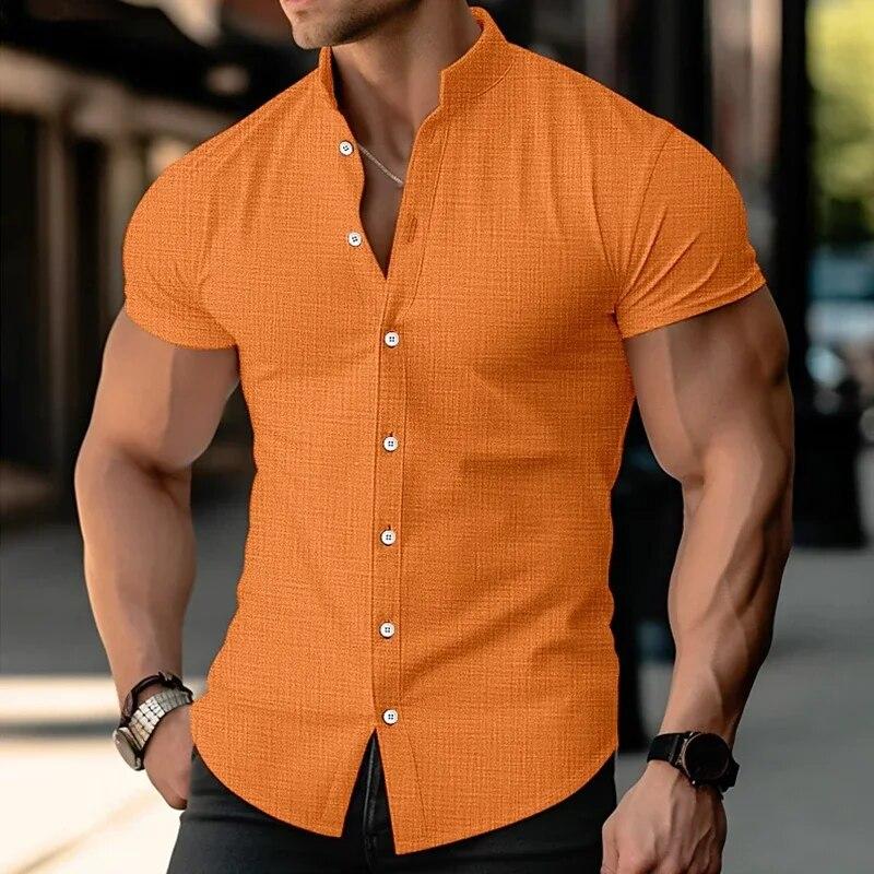 Letní pánská košile s krátkým rukávem Směs bavlny Prodyšná jednobarevná košile s límečkem na knoflíky Business Casual košile pro dojíždění