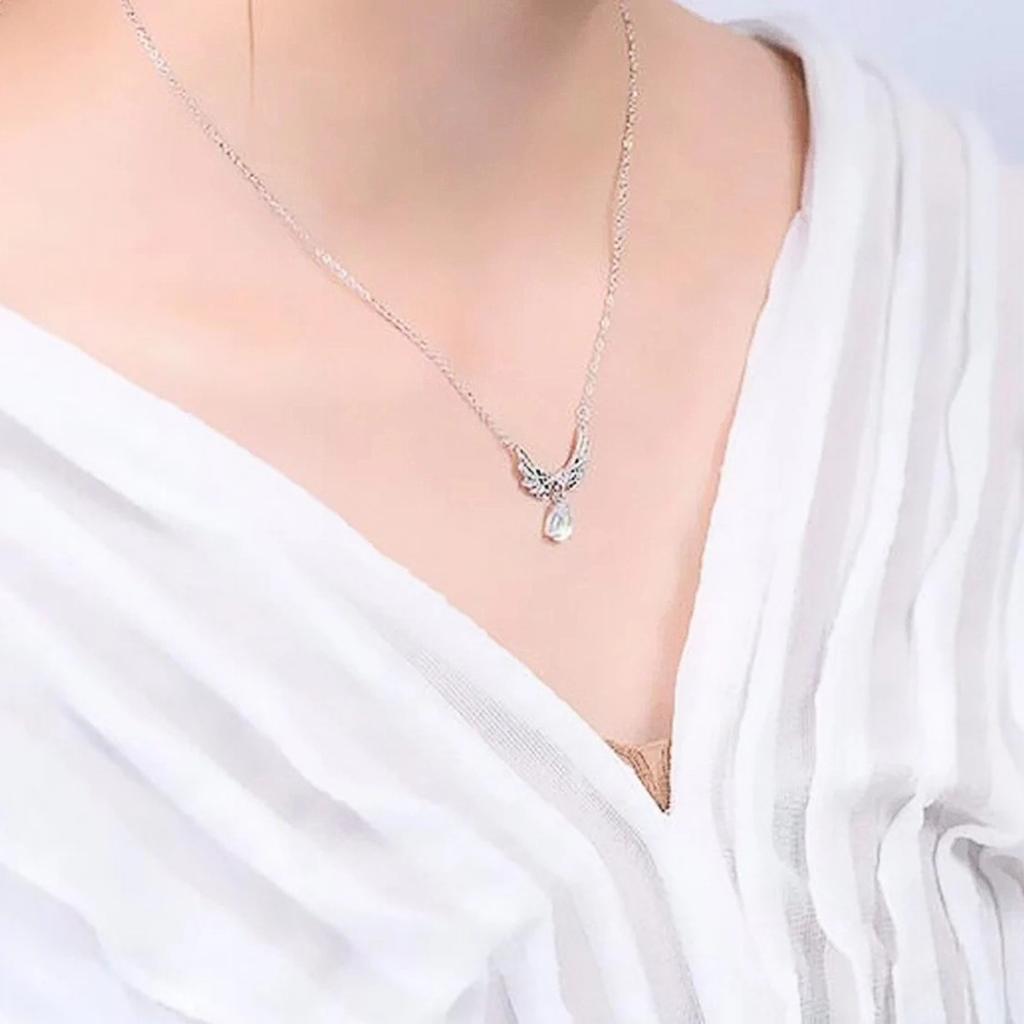 Double Angel Wing Paved Small Stone Dangling Light Blue Teardrop Stone Pendant Women Clavicle Necklace