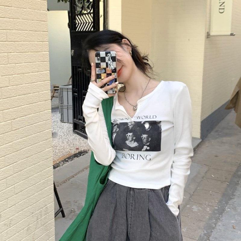 

Retro Autumn Color-Block Spicy Girl Long Sleeve Tee for Women XXL серый