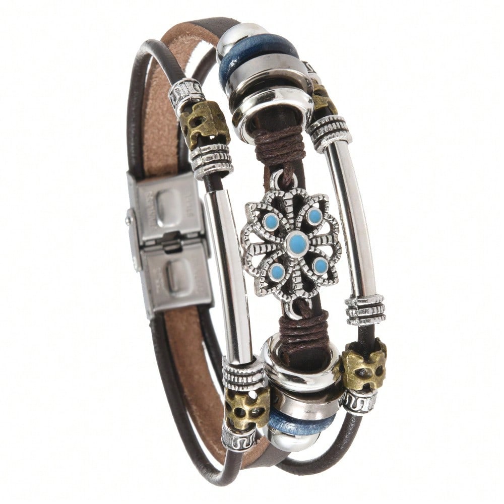Turquoise Lace Multi-Layer Leather Stainless Steel Bracelet Men And Women Couple Bracelet