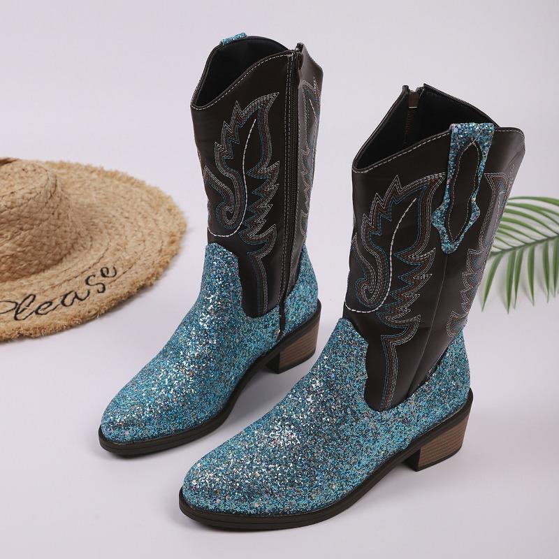 

Новая обувь больших размеров, вышитые ботильоны-рыцари на среднем каблуке с острым носком, ретро обувь на массивном каблуке 43 серебряный/синий