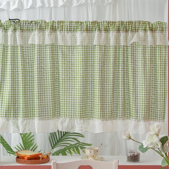 Pastoral Kitchen Curtain Plaid Short Curtain, Rod Through Top Design, Blocks Oil Smoke And Dust Simple Color Rustic for Half Windows Cabinet