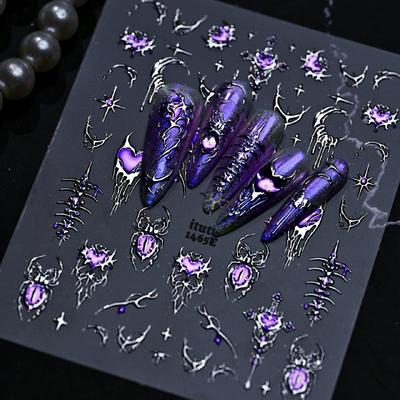 Purple Cat'S-Eye Spider Foil Stamping Nail Stickers 3D Lava-Style Cutout Heart Nail Decals Self-Adhesive Halloween Nails