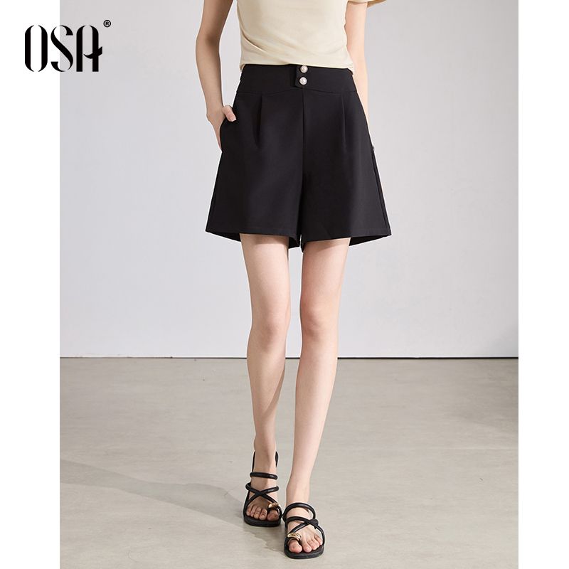 

OSA Thin Section Loose Black Shorts High Waist Loose Pants Black (Pocket) XS
