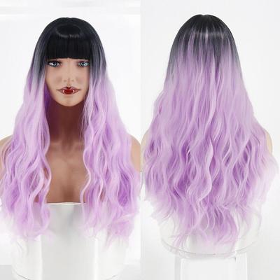 Halloween Cosplay Synthetische Perücken Ombre Lila Rot Blau Rosa Lange Wasserwelle mit Pony für Frauen Party Verwendung