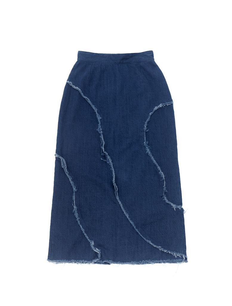 Miteula Wave Damage Denim Long Skirt _ Indigo