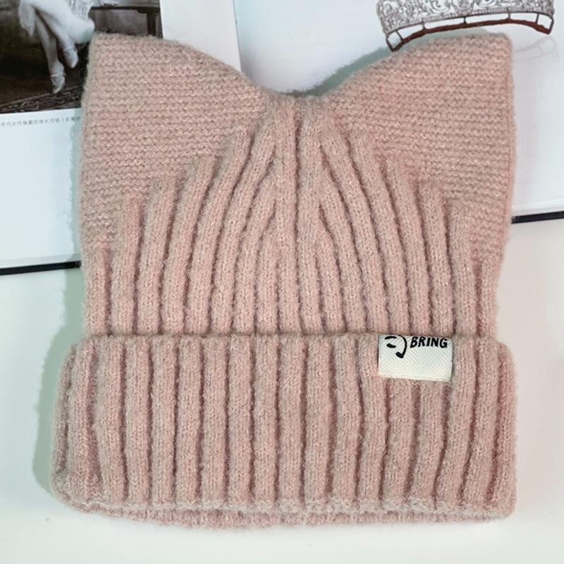 Cute Cat Ear Hat Women's Autumn and Winter Youth Warm Ear Protection Knitted Wool Hat Casual Versatile Crimped Headgear