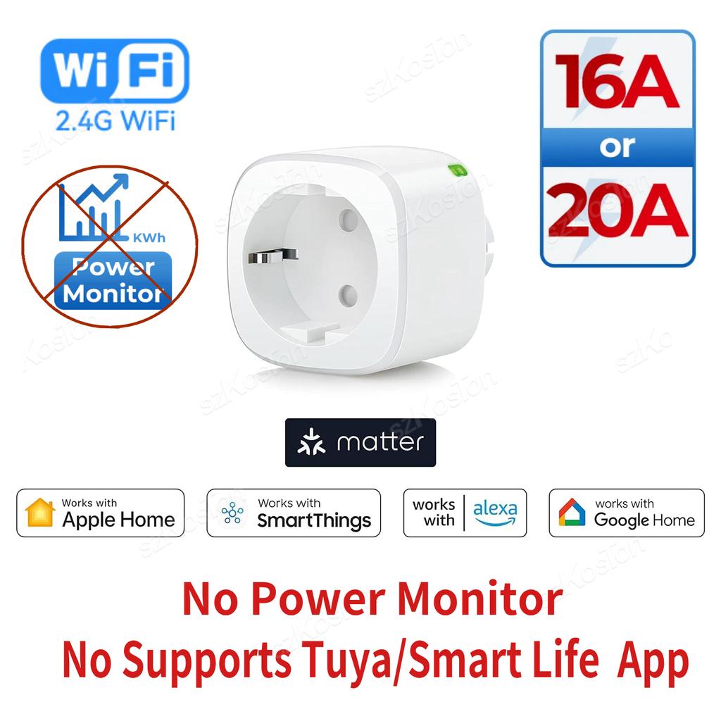 16A/20A Matter Wtyczka Smart WiFi Gniazdo Smart Tuya Gniazdko Zasilające Urządzenia Domowe dla HomeKit SmartThings Współpracuje z Siri Alexa Google