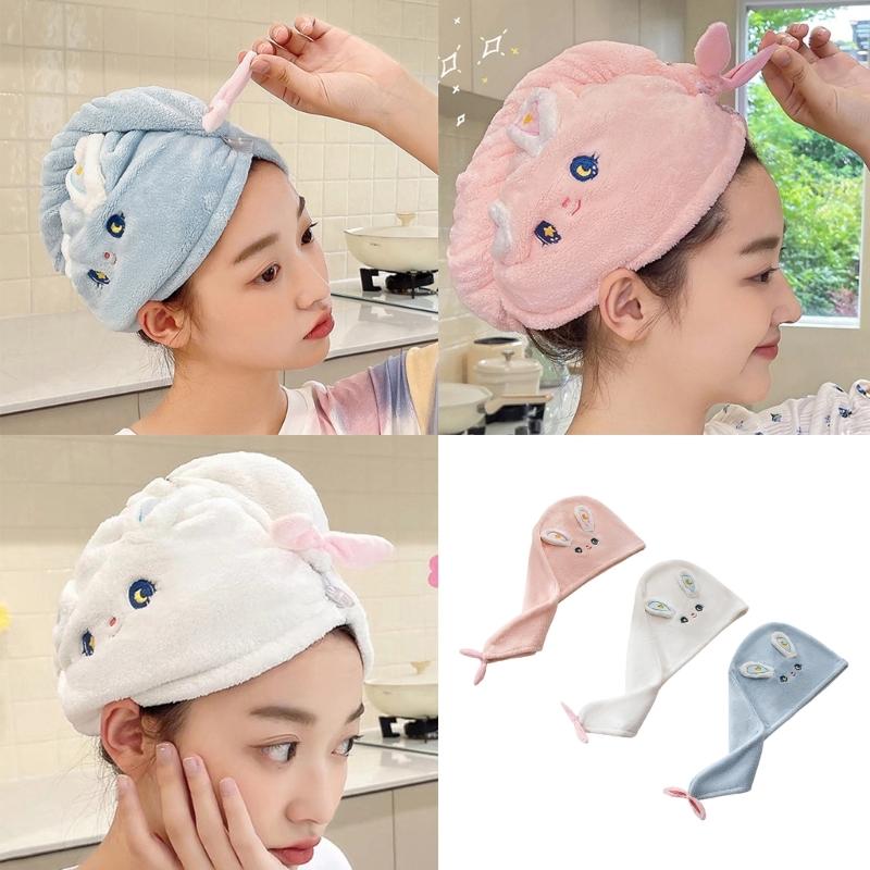 Cartoon Rabbit Hair Towel Wrap Hair Dry Hat Absorbent Hair Drying Towel Hair Towel with Button for Bathroom