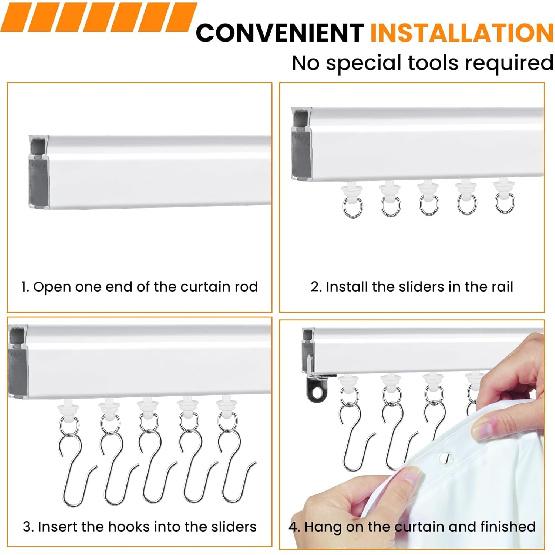 120 Pcs Shower Curtain Track Gliders & Curtain Hooks Set, Ceiling Mount Sliding Track S Shaped Metal Drapery Hooks and Plastic Rollers Sets for Drape