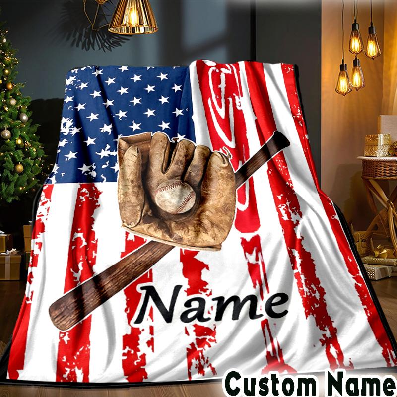 Custom Name Baseball Glove Bat Throws Blanket Flannel Blankets for Couch Bed Gifts for Men Women Picnic Blanket Christmas Fan Gifts