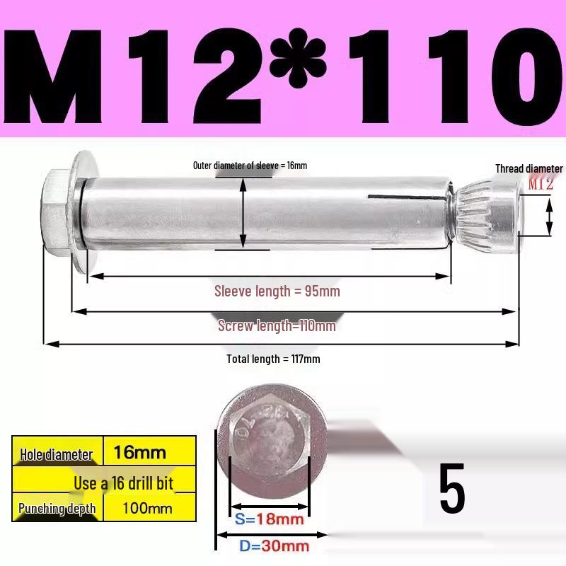 Stainless Steel Expansion Screw: Hexagonal Head with Internal Expansion (304/201), Sizes M6, M8, M10, M12.