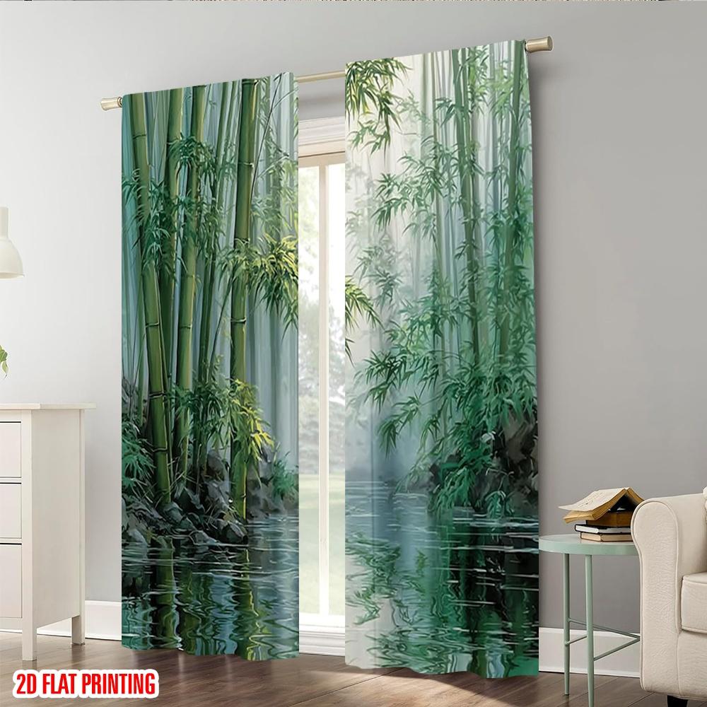 2pcs 2D flat printing Window Drapes Tranquility bamboo forest 100% Polyester Without Electricity Party Decorations for Home Wall
