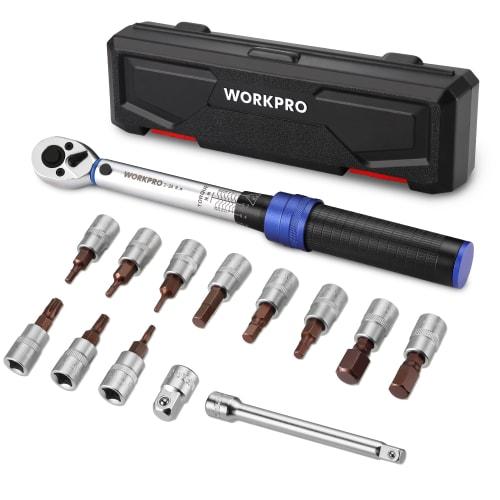 WORKPRO Torque Wrench, 14-Piece Set, 6.35mm (1/4") Drive, Pre-Set Bit Sockets with Extension Bar, 2-26 Nm Torque, Easy Rotation Direction Switch, Quic