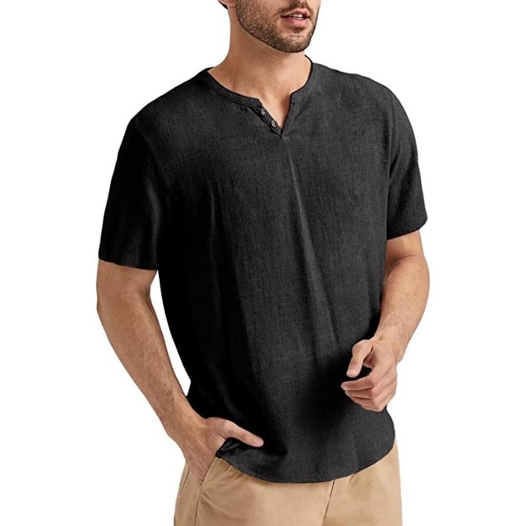 Men's Casual -color Short-sleeved Shirt With V-neck And Light Short-sleeved Top