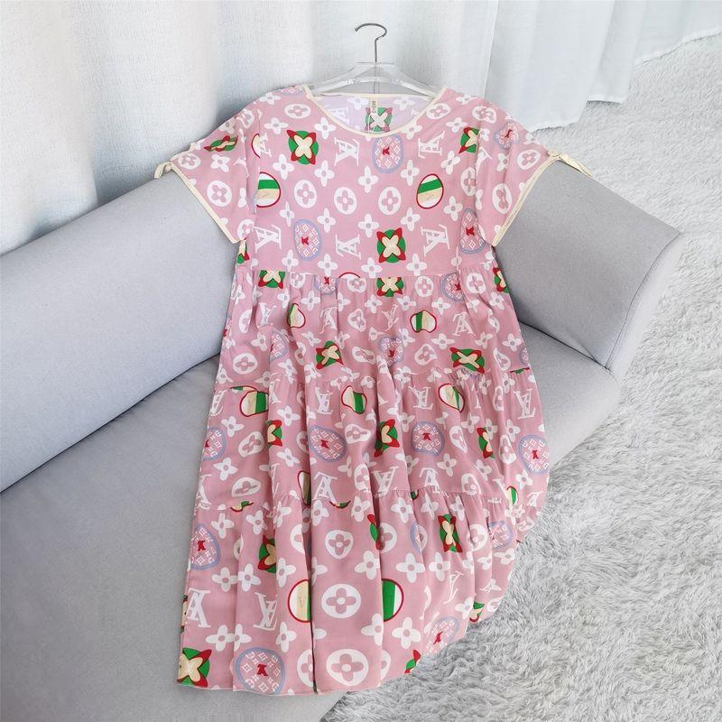 

New Arrival Cotton Silk Floral Dress Women s Mid Length Long Length Fashion Outwear Plus Size Ladies Large Swing Artificial Cotton Cotton Cotton Skirt Pink One size