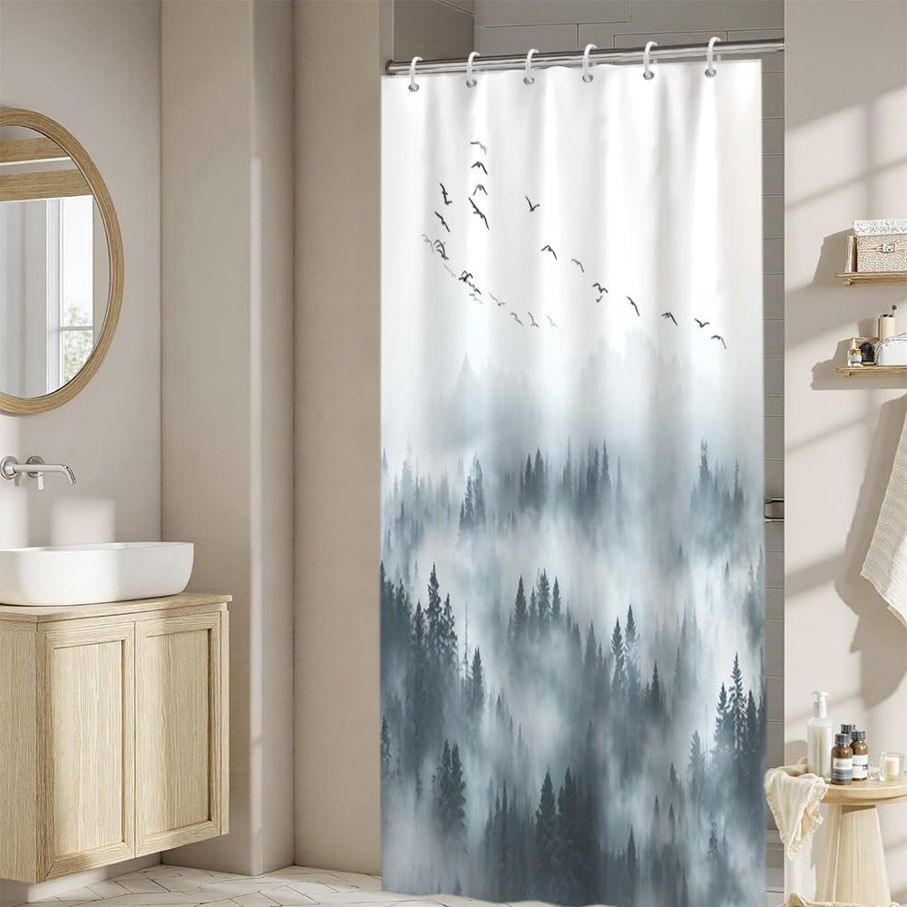 Misty Forest Shower Curtain Set Foggy Pine Trees Birds Nature Landscape Bathroom Decor Grey Rustic Woodland Shower Curtains for