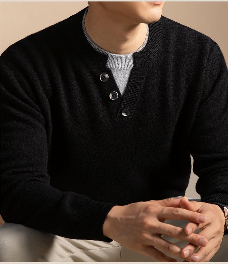 Men's Cashmere-Blend Thick Knit Sweater - Round Neck, Relaxed Fit, Faux Two-Piece, Casual Style