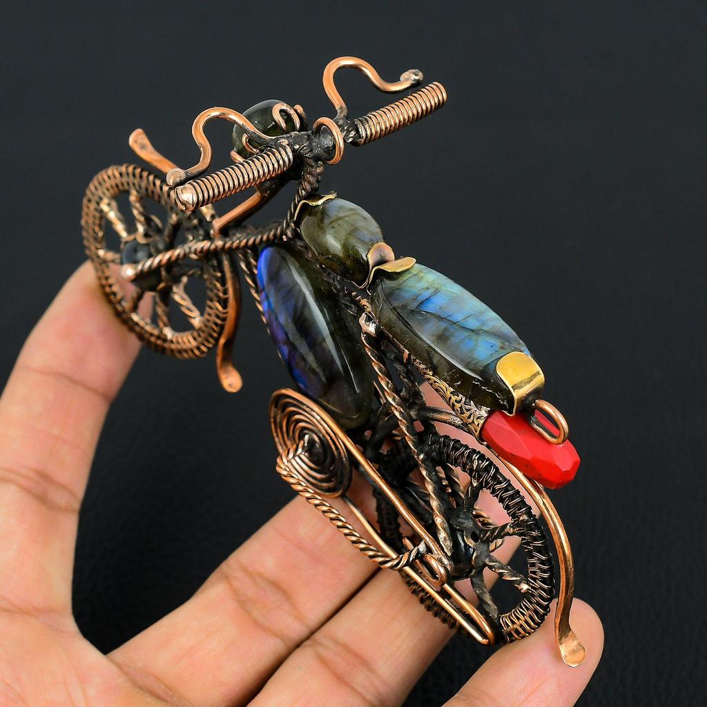 Labradorite & Red Coral Gemstone Copper Wire Wrapped Motorcycle Designer Pendant, Gifts For Wife Brand New Pendant