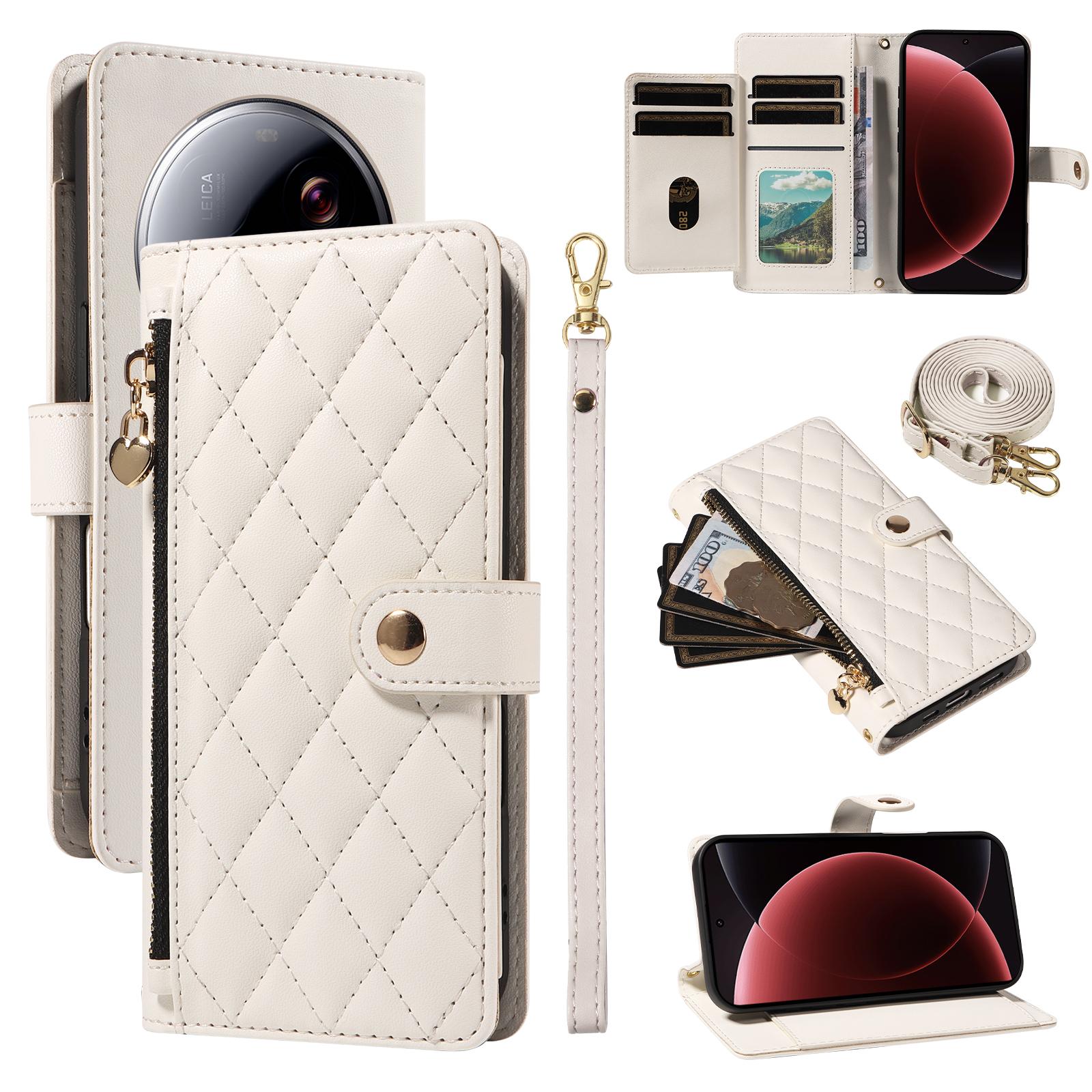 

For Xiaomi 15 Ultra Wallet Case with Straps,Rhombus Leather Stand Phone Cover White