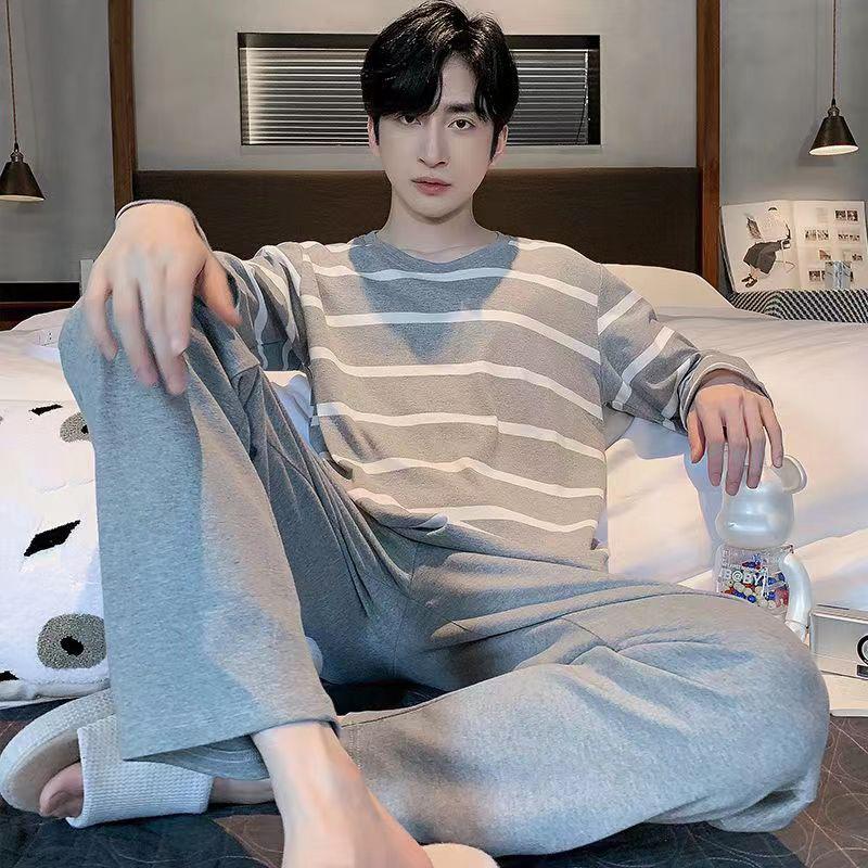 2Pcs/Set Men Pajamas Set Spring Autumn O-neck Long Sleeve Plaid Letter Print Tops Elastic Waist Long Pants Set Male Sleepwear Home Wear