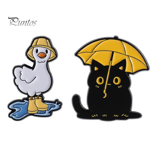 Colorful Enamel Jewelry Brooch, Rainy Day Animal Pin, Black Cat Umbrella Duck Treading Water Rain Accessories Badge, Vivid Expressions Stable