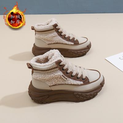 Fleece High-top Casual Shoes for Women's 2024 Winter New Student Ins Korean Version of Warm Casual Platform Cotton Shoes K6720
