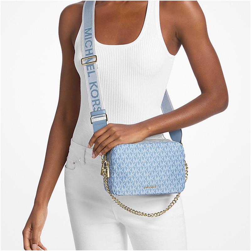 Michael Kors Bryant Letter Logo Printed Shoulder Strap Adjustable and Removable Coated Canvas Camera Bag Crossbody Medium Women's Blue