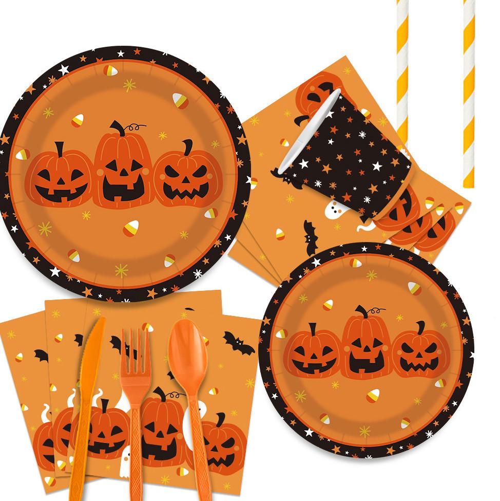 Halloween Pumpkin/ Ghost/ Party Disposables Printed Tissue Paper Plate Plastic Knife And Fork Party Set