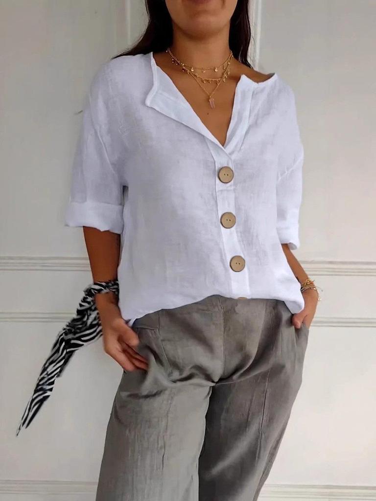European Summer 2025 Women's V-Neck Cotton Linen Loose Shirt Top