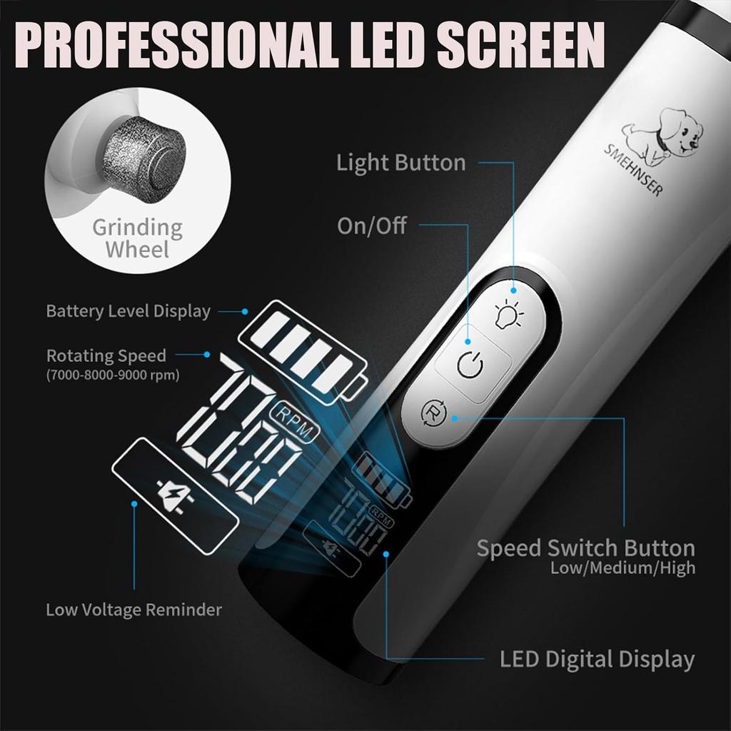 Nail Grinder, 2025 Upgraded Silent Nail Grinder for Dog Cat with LED Light & 3 Speeds, USB Charge with Replacement Grinding (1 Pc + 2 Replacement Head