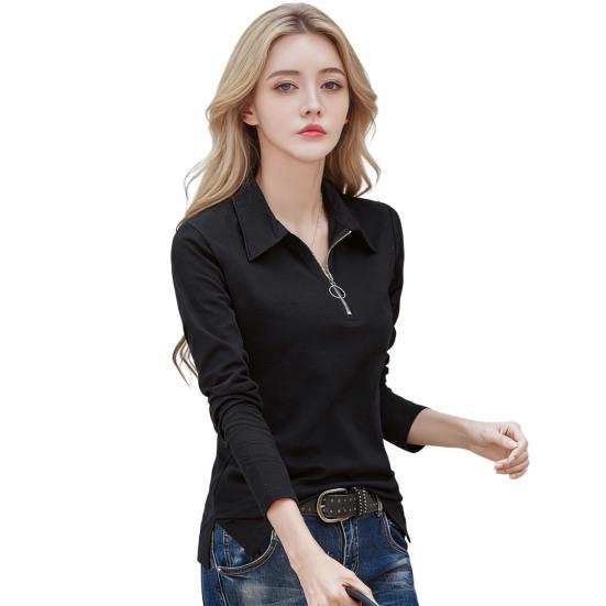 Women T-shirt Lapel Zipper Half Placket Long Sleeve Pullover Tops Solid Color Slim Fit Stretchy Casual Tee Shirt Work Party Vacation Daily Wear