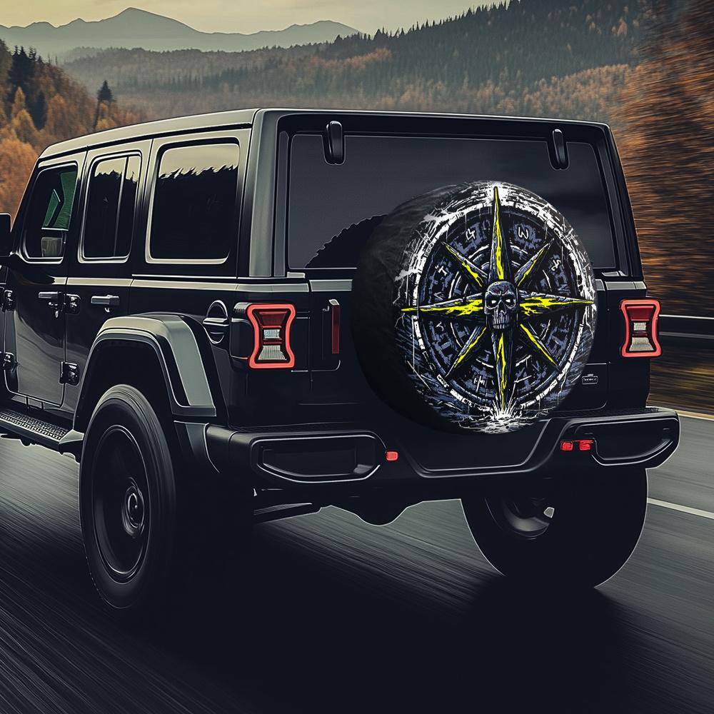 Skull Compass Spare Tire Cover Durable Polyester Off-Road Vehicle Protector Adventure Accessory
