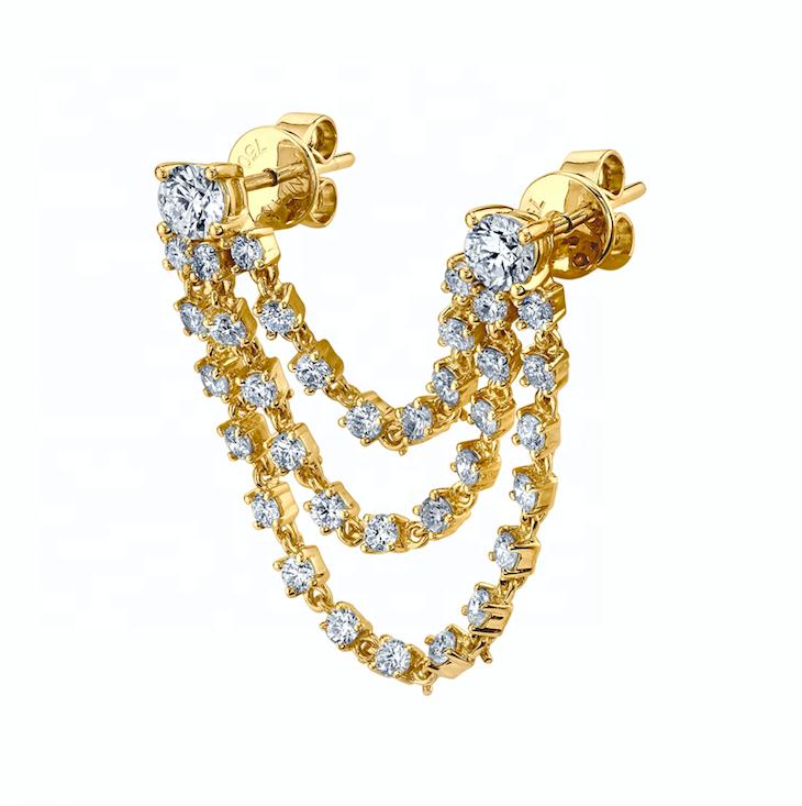 Trendy Cz Tassel Double Piercing Earring 5A Cz Link Chain Sparking Bling Multi Drop Chain Earring for Women
