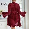 See Through Sleepwear Sexy Mesh Set, Women Lace Kimono Robe with Sheer Bra & Panty, Three Piece Nightgown for Ladies Nightwear