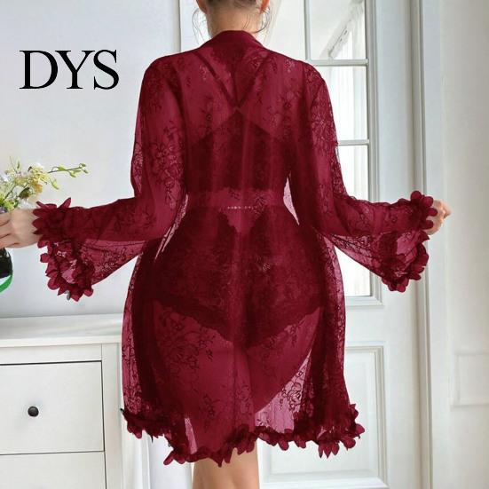 See Through Sleepwear Sexy Mesh Set, Women Lace Kimono Robe with Sheer Bra & Panty, Three Piece Nightgown for Ladies Nightwear