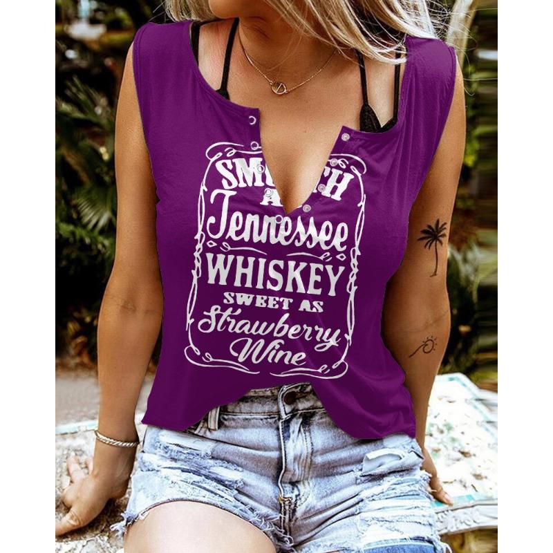 Zabawne T-shirty damskie bez rękawów z nadrukiem literowym i kolorowym dekoltem w serek