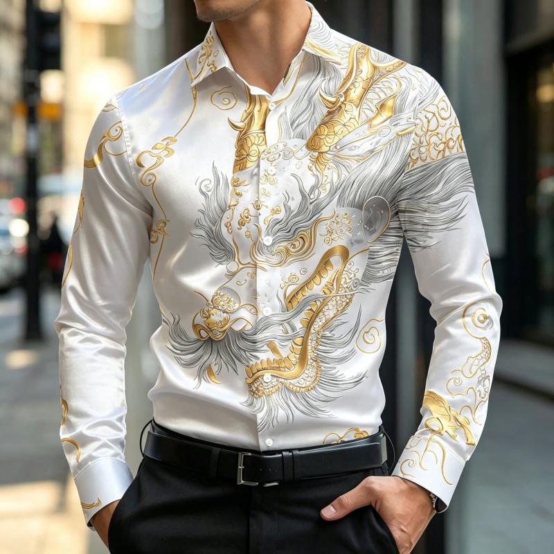 New Men's Long Sleeve Shirt Traditional Art 3D Printing Business Office Nightclub Wedding Casual Single breasted Men's Top