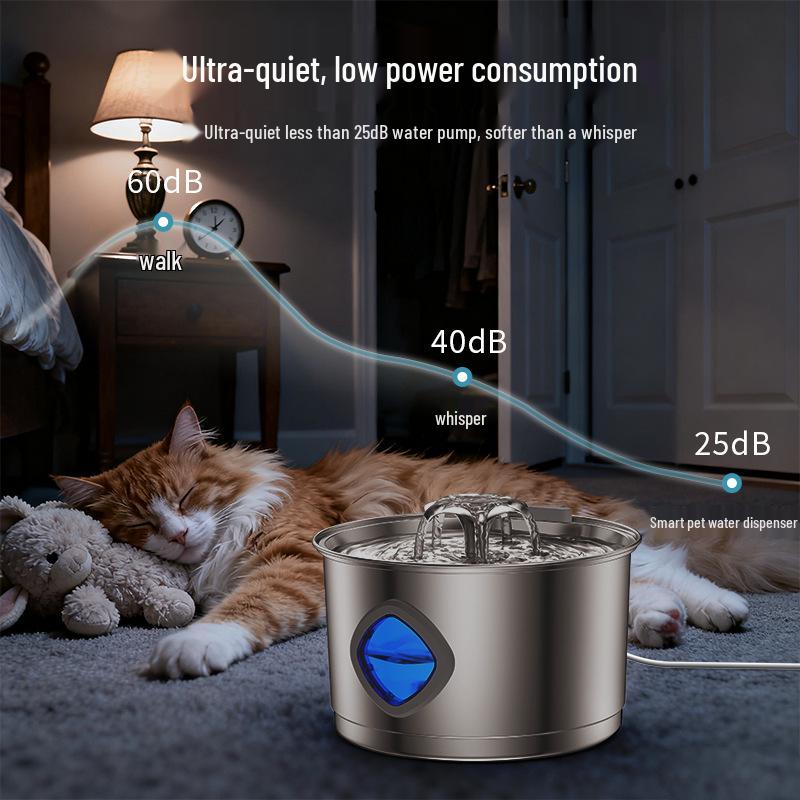 Stainless Steel Silent Pet Water Fountain - 2.8L Large Capacity for Cats
