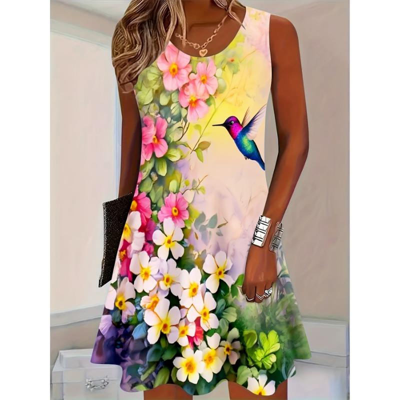 

Casual Summer Outfit Featuring a Plus-Size Sleeveless Dress with a Round Neck And a Floral Hummingbird Design, Perfect for Spring And Summer 5XL