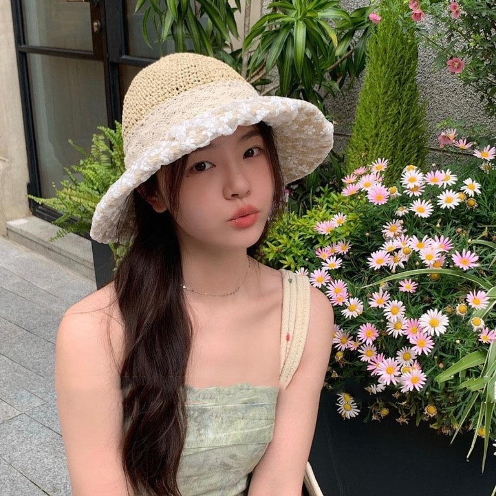 Lace Bow Straw Hat Crochet Beach Fisherman Hat Elegant Sunscreen Bucket Hat  Summer