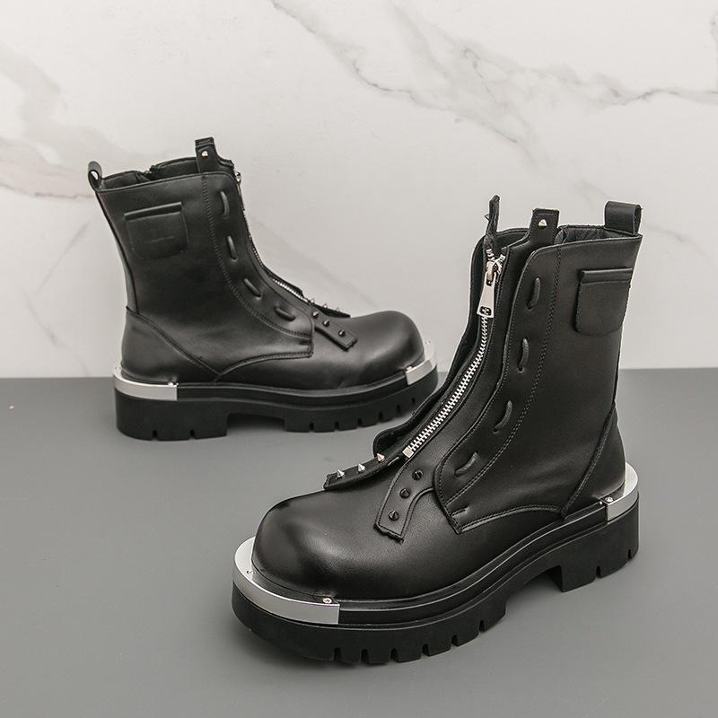 Herbstliche High-Top Lederstiefel - Dicksohlige Reißverschluss-Stiefeletten für Herren im britischen Stil, höhenerhöhende Freizeit- und formelle Kleidung.