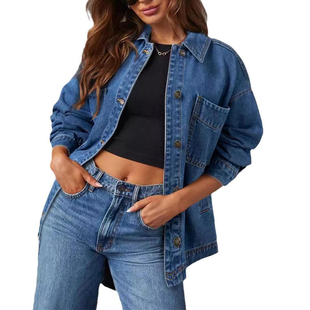 European & American Style Women's Denim Jacket with Large Pockets and Button Long Sleeves