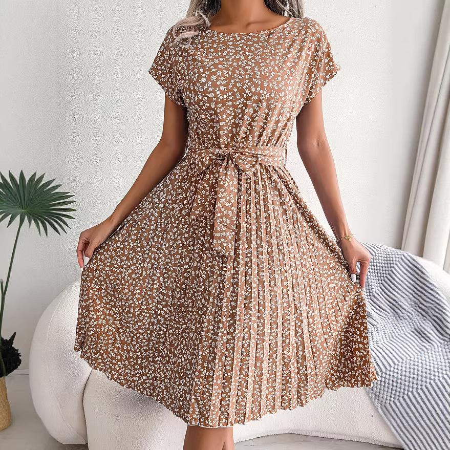 Feng Real Spring/Summer Floral Pleated Skirt with Short Sleeves - Women's European American Style